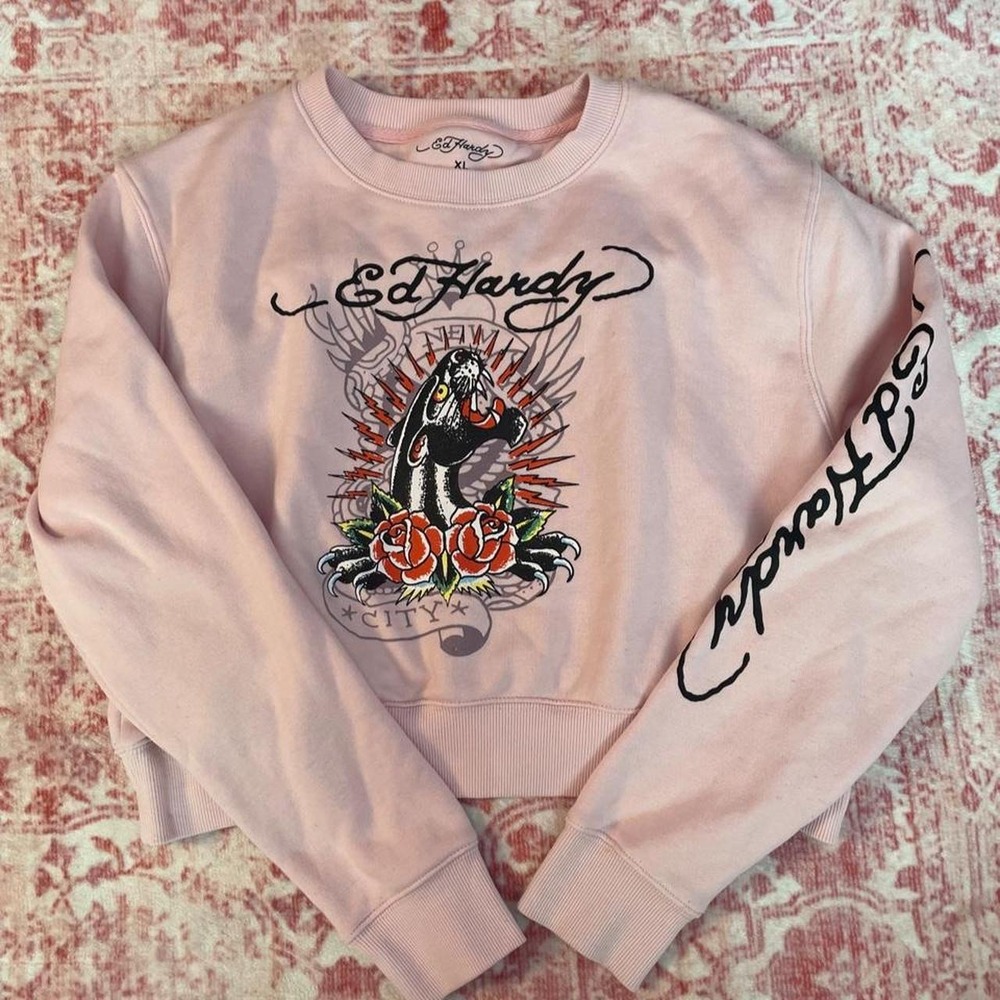 Ed Hardy pink sweatshirt with black cat, roses and lightning graphic